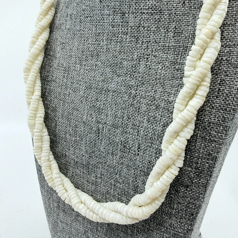 White Puka Shell Heishi Bead Necklace Triple Strand Twisted Boho Coastal Beach